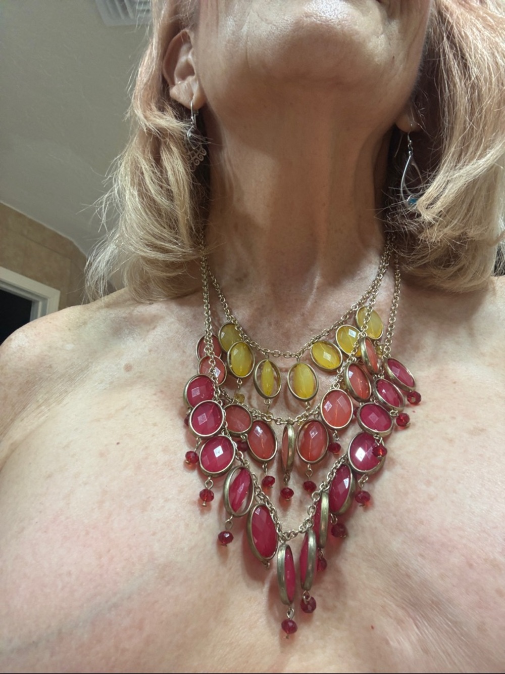 Gold-Tone Statement Bib Necklace with Yellow and Pink Stones - Women Jewelry
